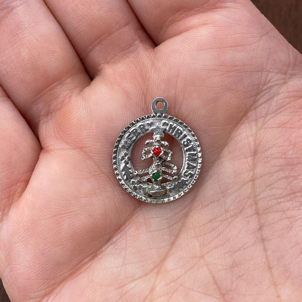 Vintage M&M 925 Sterling Silver "Merry Christmas" Green Red Tree Bracelet Charm
